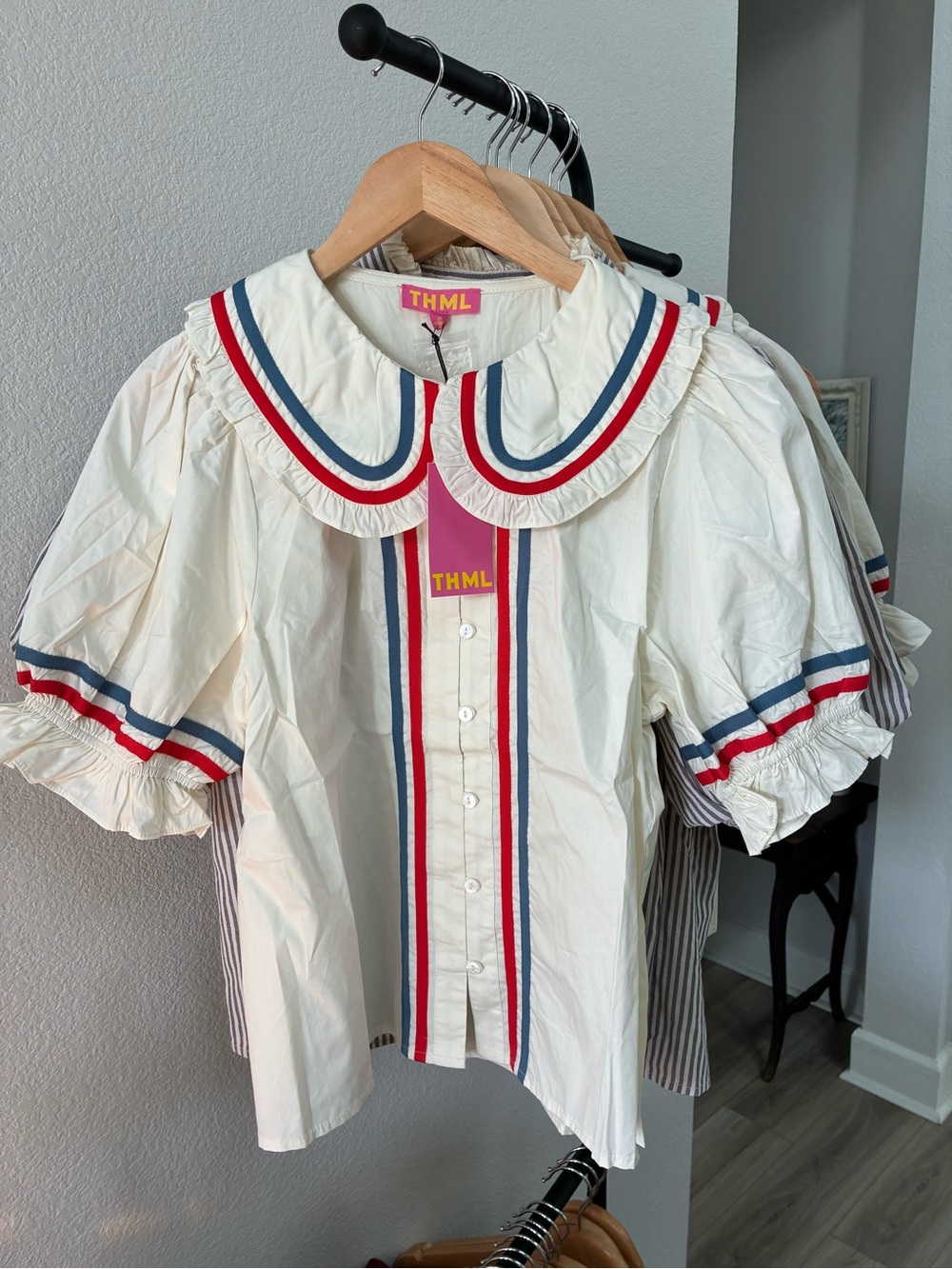 THML Cream Sailor Collar Blouse with Red & Blue Stripes